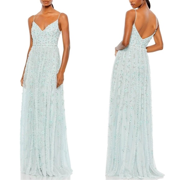 NWT Mac Duggal 9166 V-Neck Ruffled Embellished Gown in Seamiest Sz. 16 - Picture 1 of 5